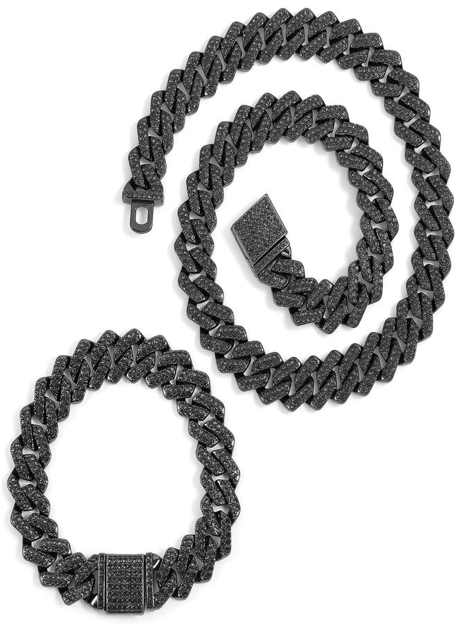 JUNVirtuous 2 Pieces Cuban Link Chain and Bracelet - Iced Out Miami Cuban Hip Hop Jewelry (Black, 8" and 20" Chain) - Image 1